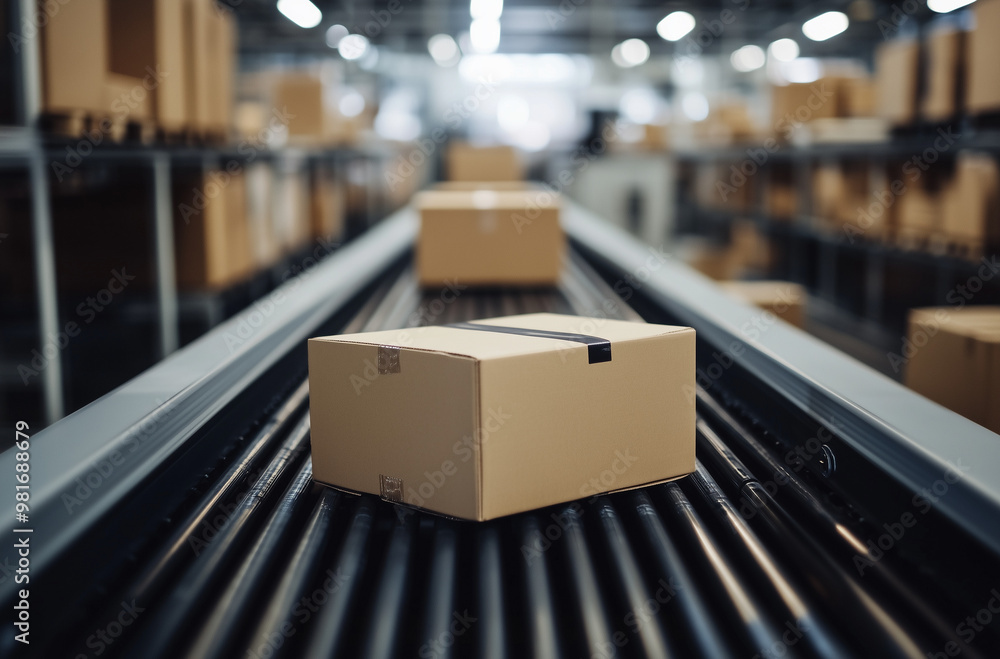 Close-Up of Boxes on Conveyor Belt in Footwear Factory: Behind the Scenes in Shoe Manufacturing Close-Up of Boxes on Conveyor Belt in Footwear Factory: Behind the Scenes in Shoe Manufacturing