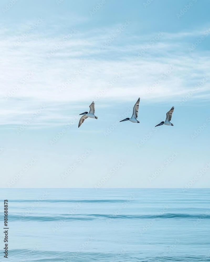 Flock of Birds Soaring Over Serene Ocean Landscape Flock of Birds Soaring Over Serene Ocean Landscape