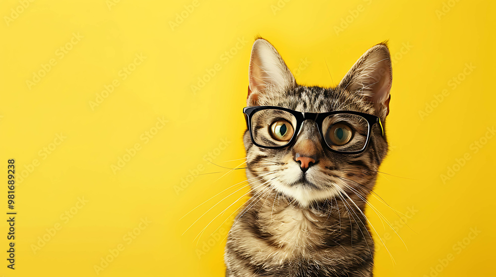 A tabby cat wearing glasses looks at the camera with a curious expression. A tabby cat wearing glasses looks at the camera with a curious expression.