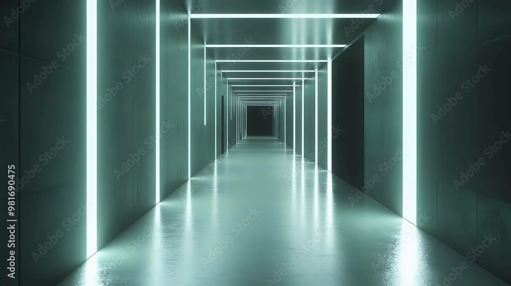 A long, narrow hallway lit by a series of white neon lights. A long, narrow hallway lit by a series of white neon lights.