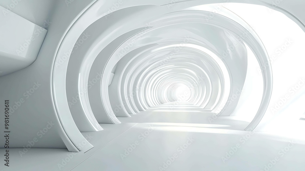Abstract white hallway with light at the end.