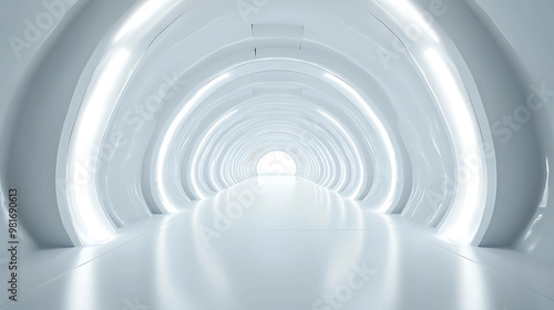 An empty white tunnel with a bright light at the end.