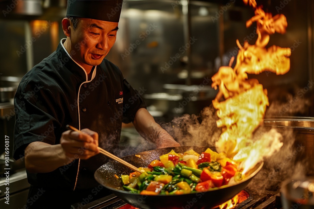 Chef Expertly Stir-fries Vibrant Vegetables in Flaming Wok, Culinary Skills and the Art of Cooking in Professional Kitchen Setting, Emphasizing Fresh Ingredients and Dynamic Cooking Techniques, AI Chef Expertly Stir-fries Vibrant Vegetables in Flaming Wok, Culinary Skills and the Art of Cooking in Professional Kitchen Setting, Emphasizing Fresh Ingredients and Dynamic Cooking Techniques, AI