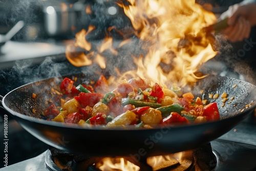 Chef Expertly Stir-fries Vibrant Vegetables in Flaming Wok, Culinary Skills and the Art of Cooking in Professional Kitchen Setting, Emphasizing Fresh Ingredients and Dynamic Cooking Techniques, AI