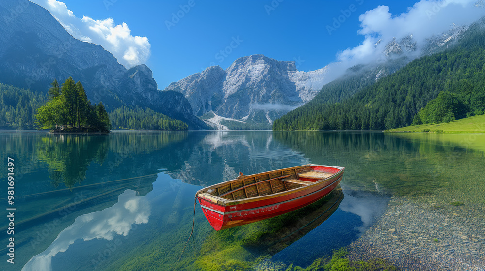 Alpine Serenity: A red rowboat rests peacefully on a pristine alpine lake, mirroring the majestic peaks and azure sky in a breathtaking panorama. Alpine Serenity: A red rowboat rests peacefully on a pristine alpine lake, mirroring the majestic peaks and azure sky in a breathtaking panorama.
