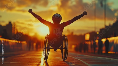 Panoramic image capturing the jubilant celebration of a Paralympic athlete crossing the finish line, their unwavering determination and triumph radiating through the frame