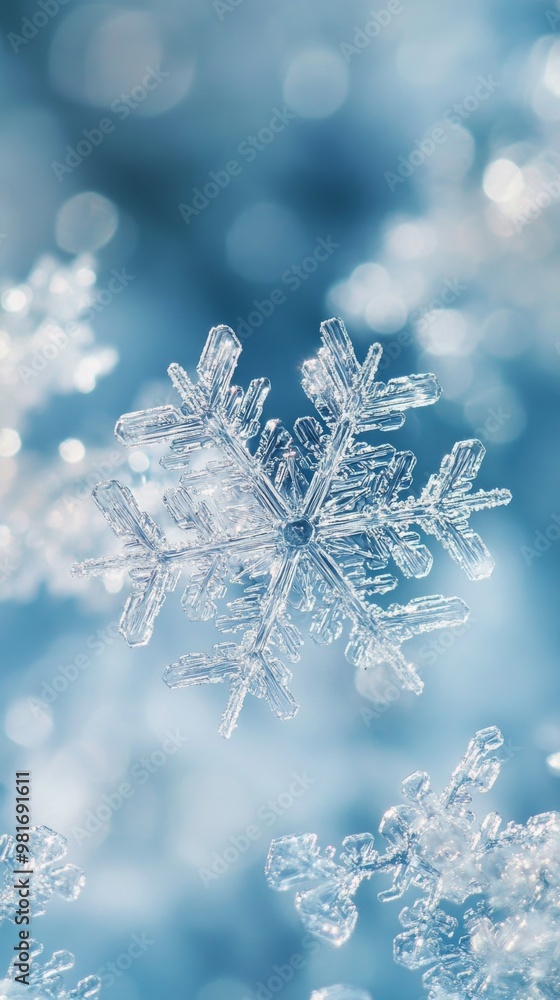 Close-up of intricate snowflake on blue Close-up of intricate snowflake on blue