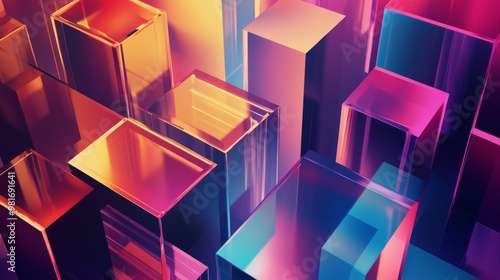 Stacked cubes and prisms. Geometric art shapes in glass morphist style generative ai