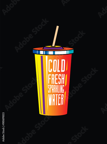 Fast food plastic cup with straw. Hot or cold drink. Original vector illustration in vintage style.
