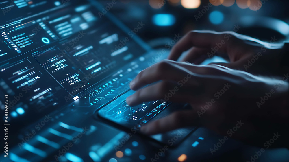 Hands interacting with a futuristic digital interface, showcasing technological advancement. Hands interacting with a futuristic digital interface, showcasing technological advancement.