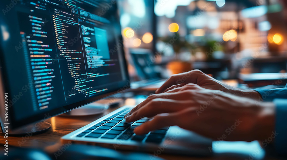 Closeup of hands typing on a laptop with a computer monitor displaying code in the background. Closeup of hands typing on a laptop with a computer monitor displaying code in the background.