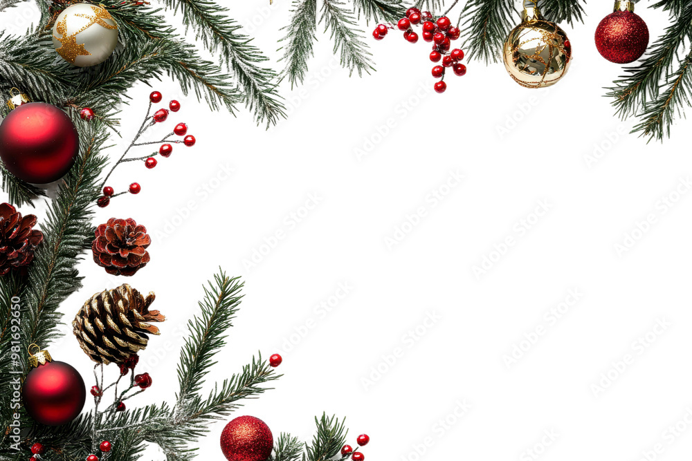 Christmas ornaments and pine decor isolated on transparent background Christmas ornaments and pine decor isolated on transparent background