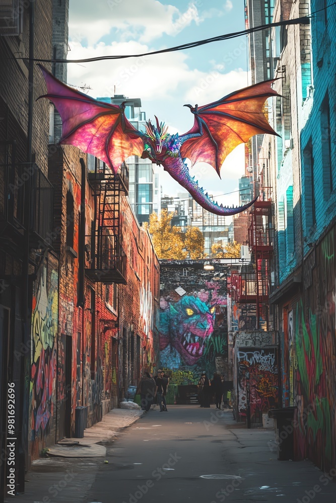 A whimsical dragon flies gracefully above bustling city streets A whimsical dragon flies gracefully above bustling city streets