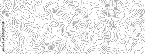 Topographic map in lines and contours. Vector geography contour landscape and terrain path. Travel and navigation cartography background. Mountain hiking trail scheme. Relief height elevation pattern.