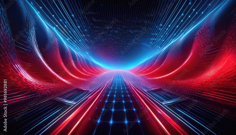 Fototapeta premium Red and blue neon lights create a glowing path