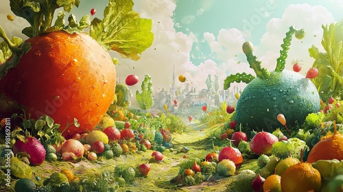 A whimsical landscape of vibrant, oversized vegetables and fantastical creatures, seen from a worms-eye view, rich colors and details, watercolor and digital painting style photo