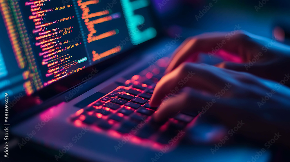 Close up of hands typing on a laptop with code on the screen. Close up of hands typing on a laptop with code on the screen.