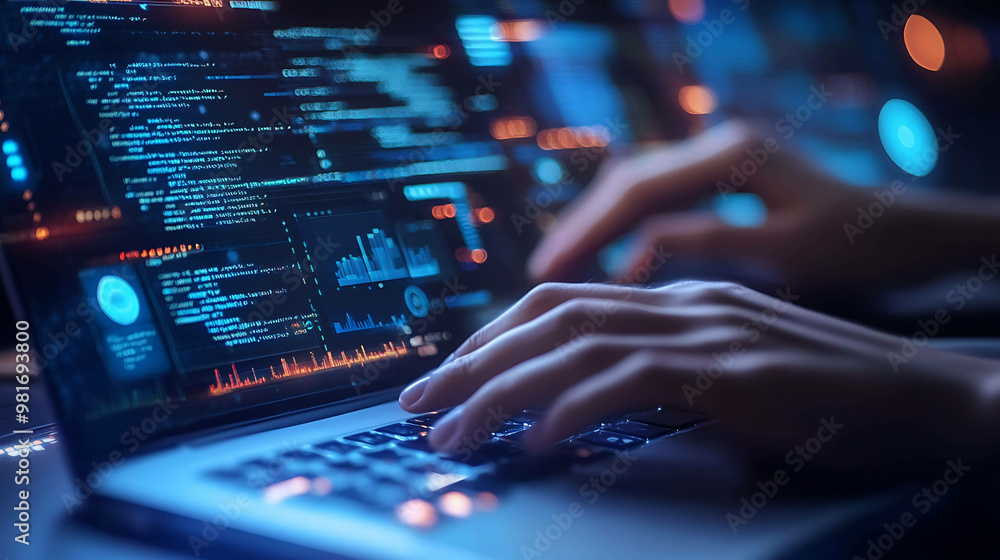 Closeup of hands typing on a laptop with glowing screen displaying code and data. Closeup of hands typing on a laptop with glowing screen displaying code and data.