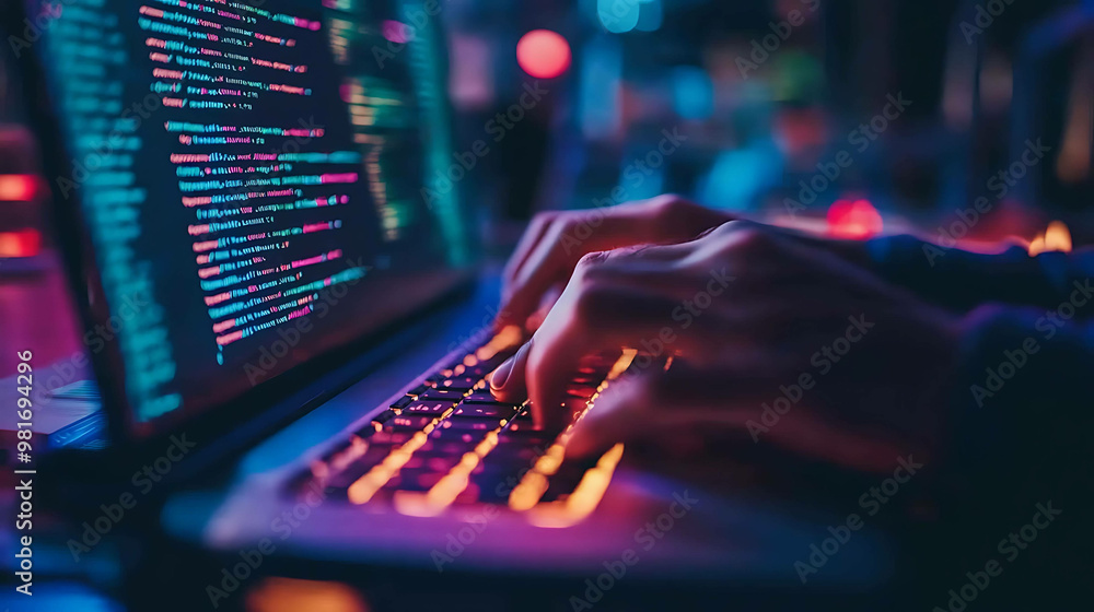Close up of hands typing on a laptop keyboard with code on the screen. Close up of hands typing on a laptop keyboard with code on the screen.