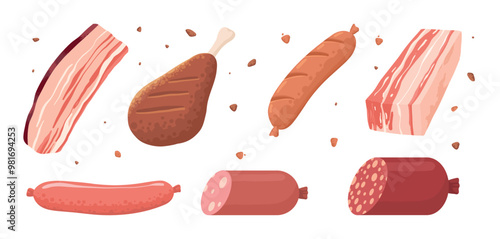 Cartoon meat products. Chicken, sausages and sausages. Steaks, pork bacon and ribs vector set. Steak chicken, sausage and bacon, product ingredient illustration on white background