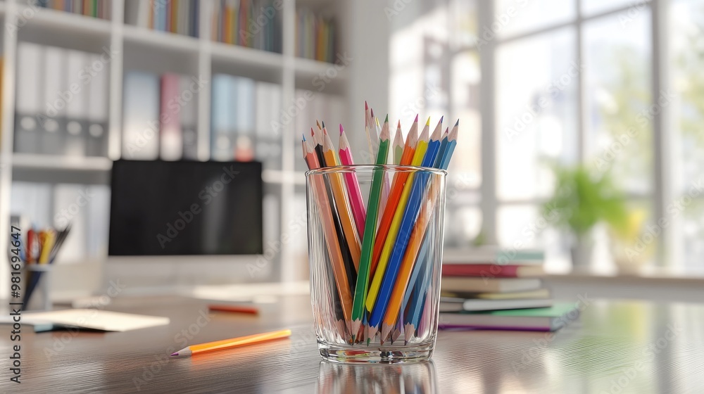 A glass filled with colorful sharp pencils on a working table, with books and a computer in the background, creating a vibrant, realistic office scene A glass filled with colorful sharp pencils on a working table, with books and a computer in the background, creating a vibrant, realistic office scene