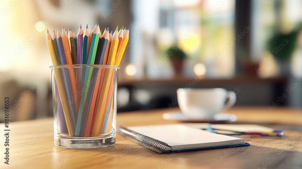 A glass full of sharp colorful pencils on a desk, with a cup of coffee and a notebook beside it, set in a cozy and realistic workspace A glass full of sharp colorful pencils on a desk, with a cup of coffee and a notebook beside it, set in a cozy and realistic workspace