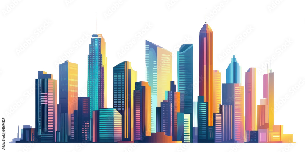 Colorful urban skyline at sunset in a modern city isolated on transparent background Colorful urban skyline at sunset in a modern city isolated on transparent background