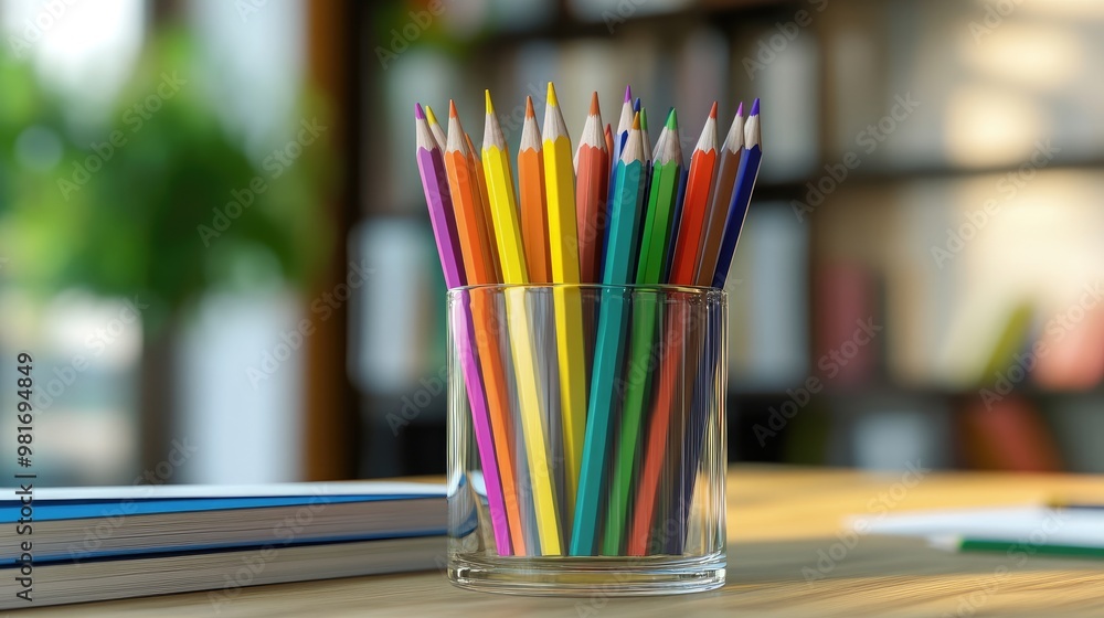 A vibrant set of colorful sharp pencils arranged in a glass, placed on a neat working table with books and stationery in a realistic office setting A vibrant set of colorful sharp pencils arranged in a glass, placed on a neat working table with books and stationery in a realistic office setting