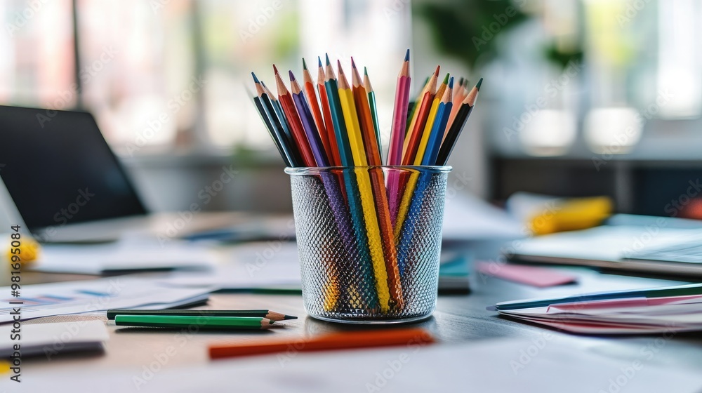 Sharp color pencils in a glass on a working table, surrounded by papers, books, and a laptop, creating a vibrant and organized office space Sharp color pencils in a glass on a working table, surrounded by papers, books, and a laptop, creating a vibrant and organized office space