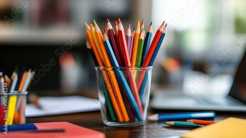 Vibrant color pencils neatly arranged in a glass on a working table, surrounded by office supplies in a realistic, well-lit workspace