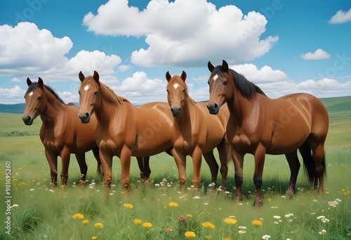 A herd of brown horses standing in a grassy field with a forest in the background