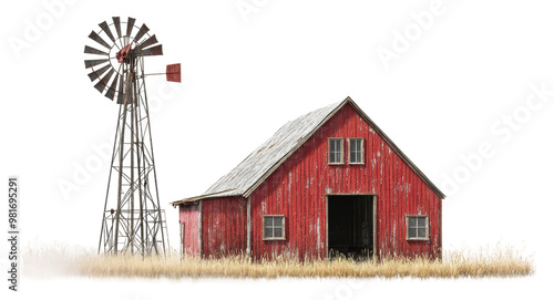 Charming red barn and windmill beside tall grass isolated on transparent background