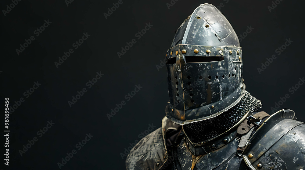 A knight in full armor, with a weathered helmet, stands against a dark background. A knight in full armor, with a weathered helmet, stands against a dark background.