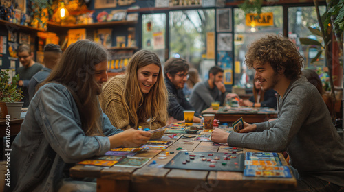 Game Night Laughter: Friends gather for a lively game night at a bustling pub, their smiles reflecting the joy of shared moments and friendly competition. 