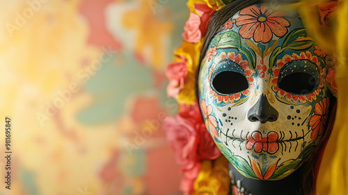 A colorful mask decorated with flowers and intricate designs symbolizes the Día de los Muertos celebration, honoring deceased loved ones in a festive setting, copy space