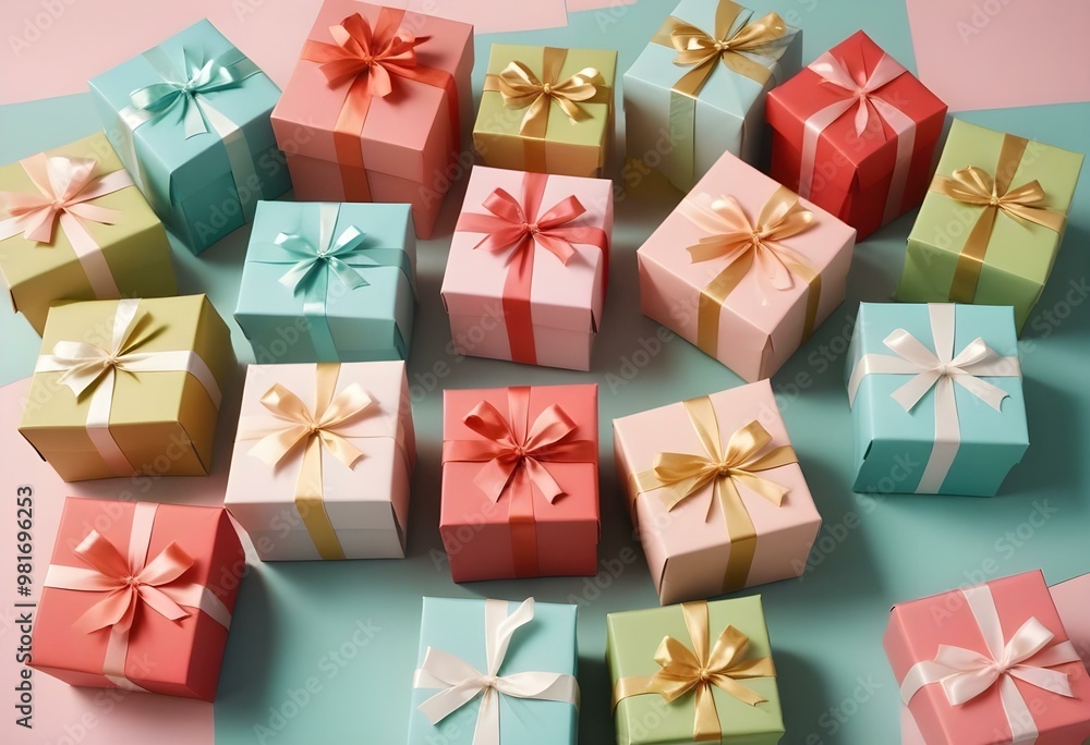 Assortment of pastel pink and blue gift boxes with pink bows on a light blue background Assortment of pastel pink and blue gift boxes with pink bows on a light blue background