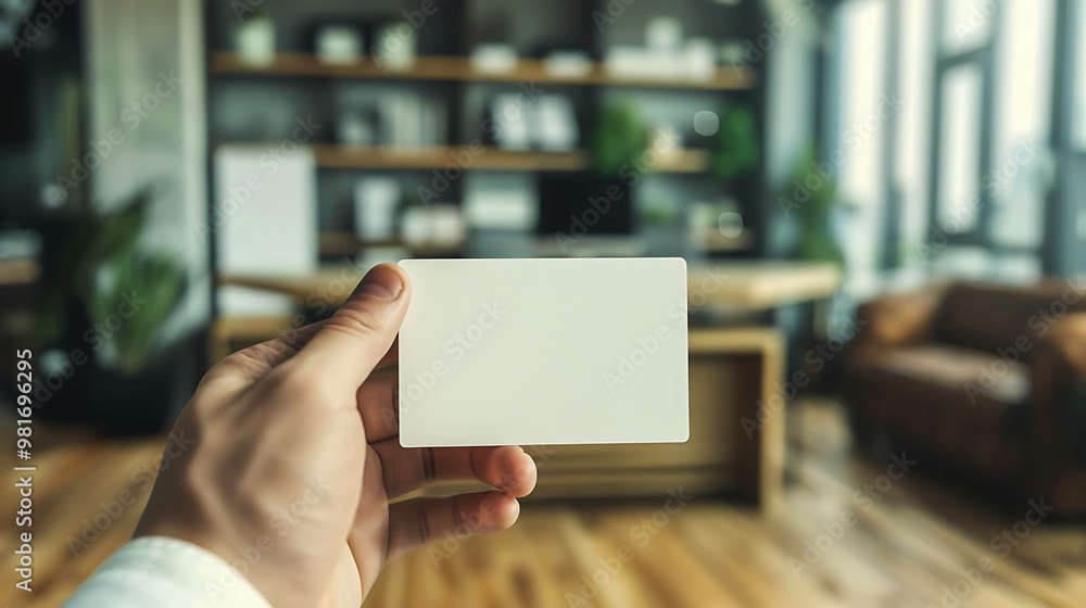 A hand holding a blank business card with a blurred office in the background. A hand holding a blank business card with a blurred office in the background.