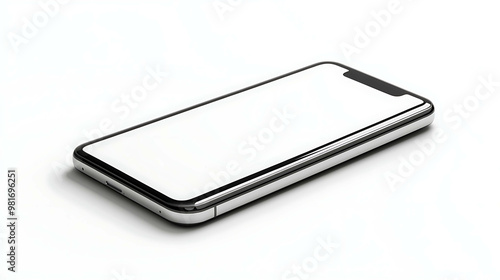 Modern smartphone with blank screen laying on white surface.