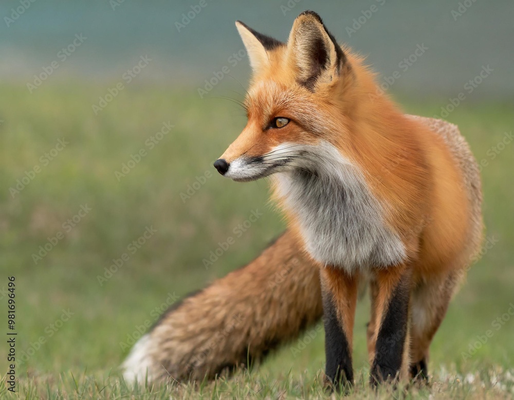 Isolated red fox with depth of field showcasing bushy tail and striking fur color Isolated red fox with depth of field showcasing bushy tail and striking fur color