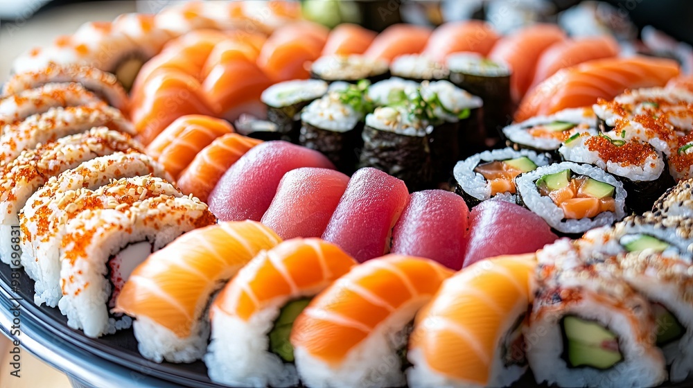 A Variety of Sushi Rolls and Nigiri on a Black Platter A Variety of Sushi Rolls and Nigiri on a Black Platter