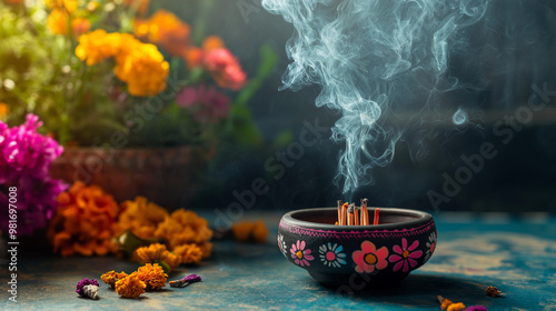 Incense wafts gently from a decorative bowl surrounded by vibrant marigold flowers, setting a traditional atmosphere for the Dia de los Muertos celebration, copy space