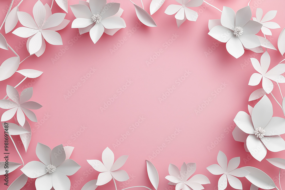 Pink background with copy space in center and 3D white paper cutout floral shapes around border of frame. Pink background with copy space in center and 3D white paper cutout floral shapes around border of frame.
