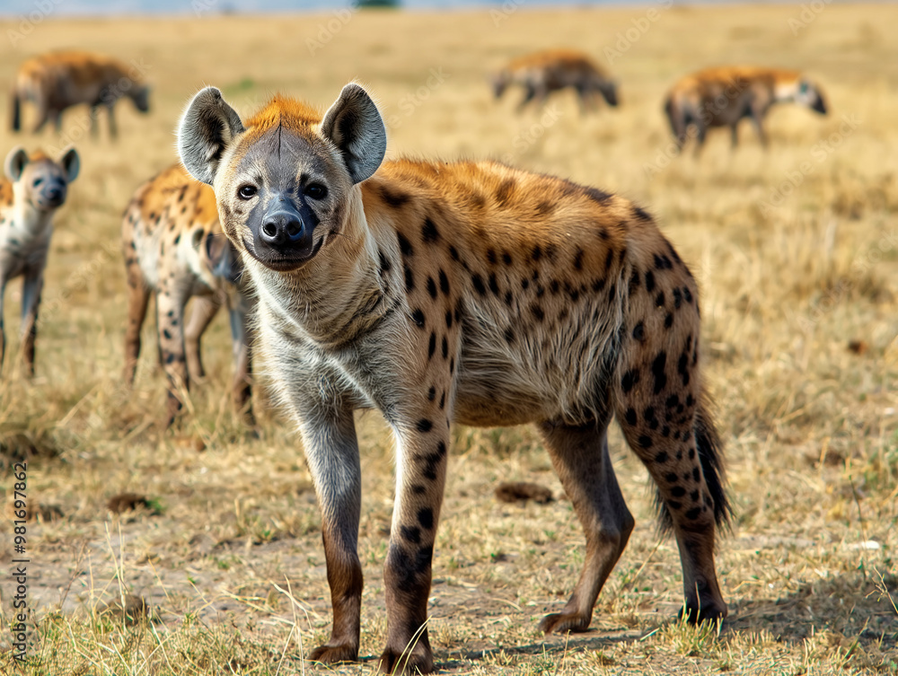A hyena stands in the grass with other hyenas in the background. The hyena is looking at the camera and he is curious A hyena stands in the grass with other hyenas in the background. The hyena is looking at the camera and he is curious