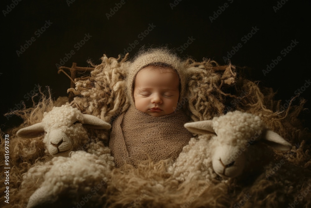 Baby Jesus. Holy Night. Newborn baby sleeping in a manger with sheep on a dark background. Baby Jesus. Holy Night. Newborn baby sleeping in a manger with sheep on a dark background.