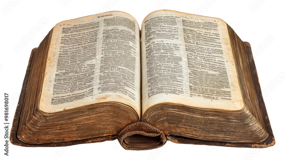 Fototapeta premium Old book opened showing historical text and pages isolated on transparent background