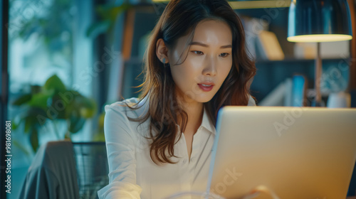 Young Asian business woman employee or executive manager using computer looking at laptop and talking leading hybrid conference remote video call virtual meeting or online training  photo