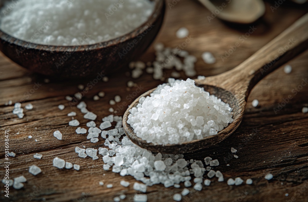 Gourmet Salt Grains in Wooden Spoon and Bowl on Rustic Wooden Table for Cooking and Dining Concept Gourmet Salt Grains in Wooden Spoon and Bowl on Rustic Wooden Table for Cooking and Dining Concept
