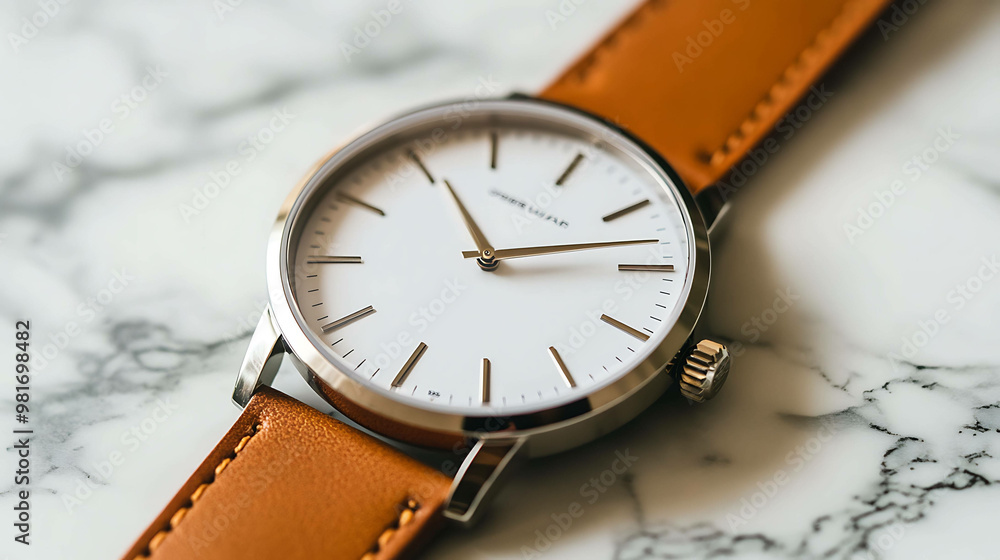 custom made wallpaper toronto digitalA close-up of a classic analog wristwatch with a white face and brown leather band, on a marble surface.