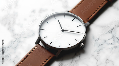 Wallpaper Mural A classic wristwatch with a brown leather strap sits on a marble background. Torontodigital.ca