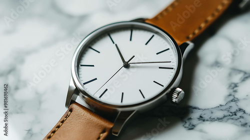 Wallpaper Mural A close-up of a silver watch with a white face and brown leather band on a marble background. Torontodigital.ca